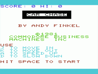 Car Chase title screen for Vic-20